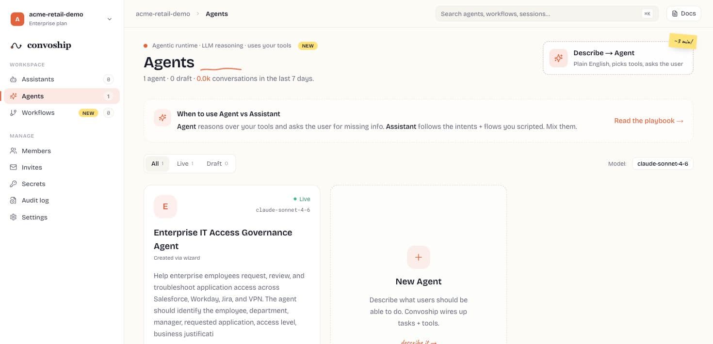 AI Agents dashboard with live agent card and agentic bot controls