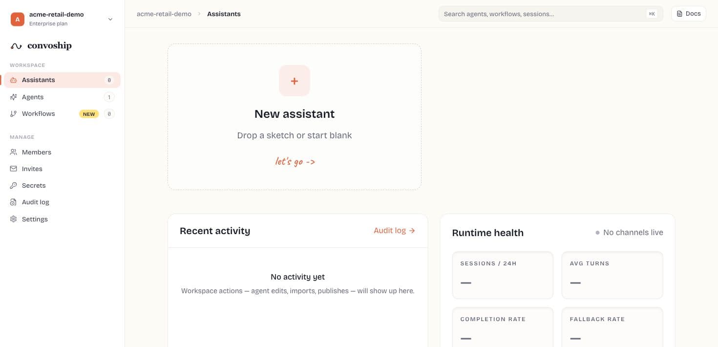 Assistants dashboard with workspace navigation, empty-state card, and runtime health panel