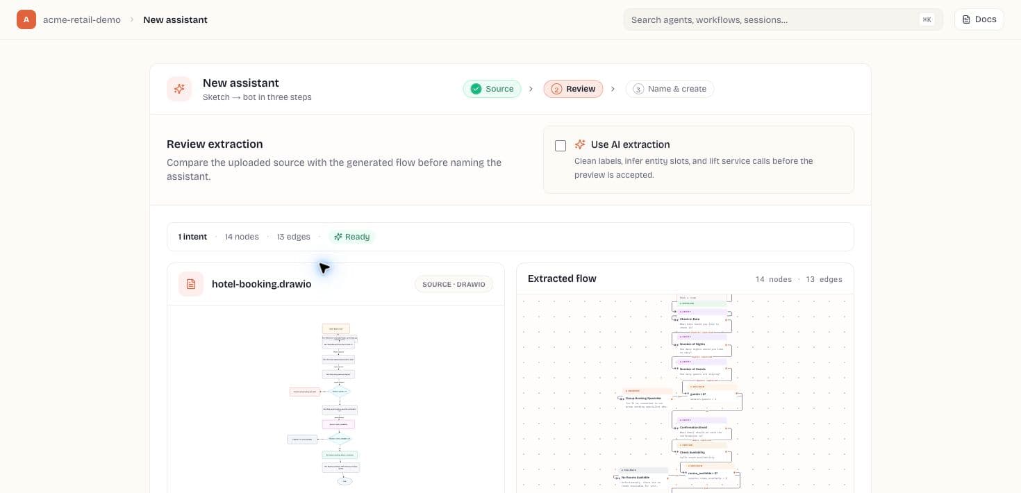 Draw.io import review with source preview and extracted flow canvas