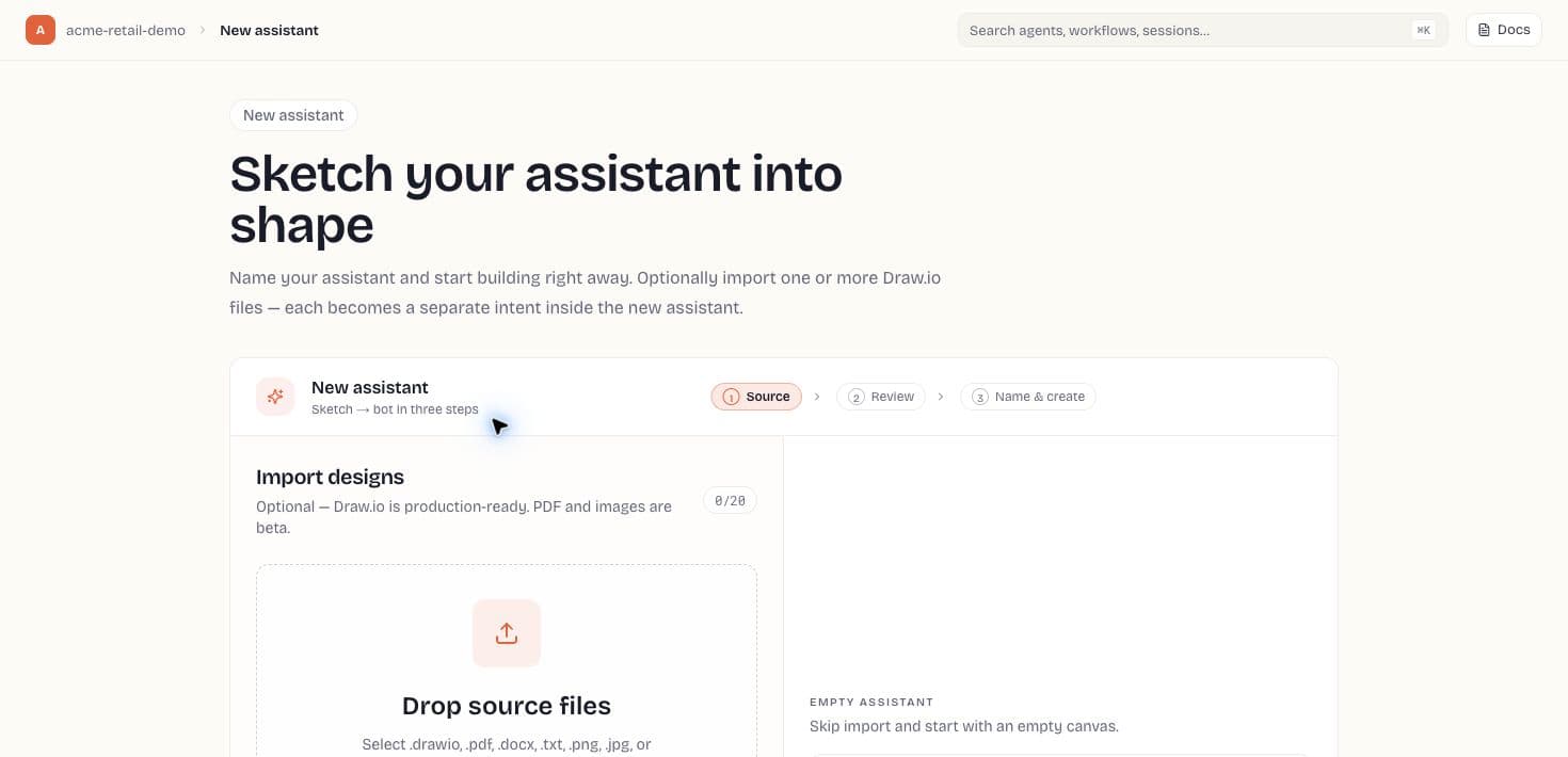 New Assistant wizard with source selection, AI extraction, and creation controls