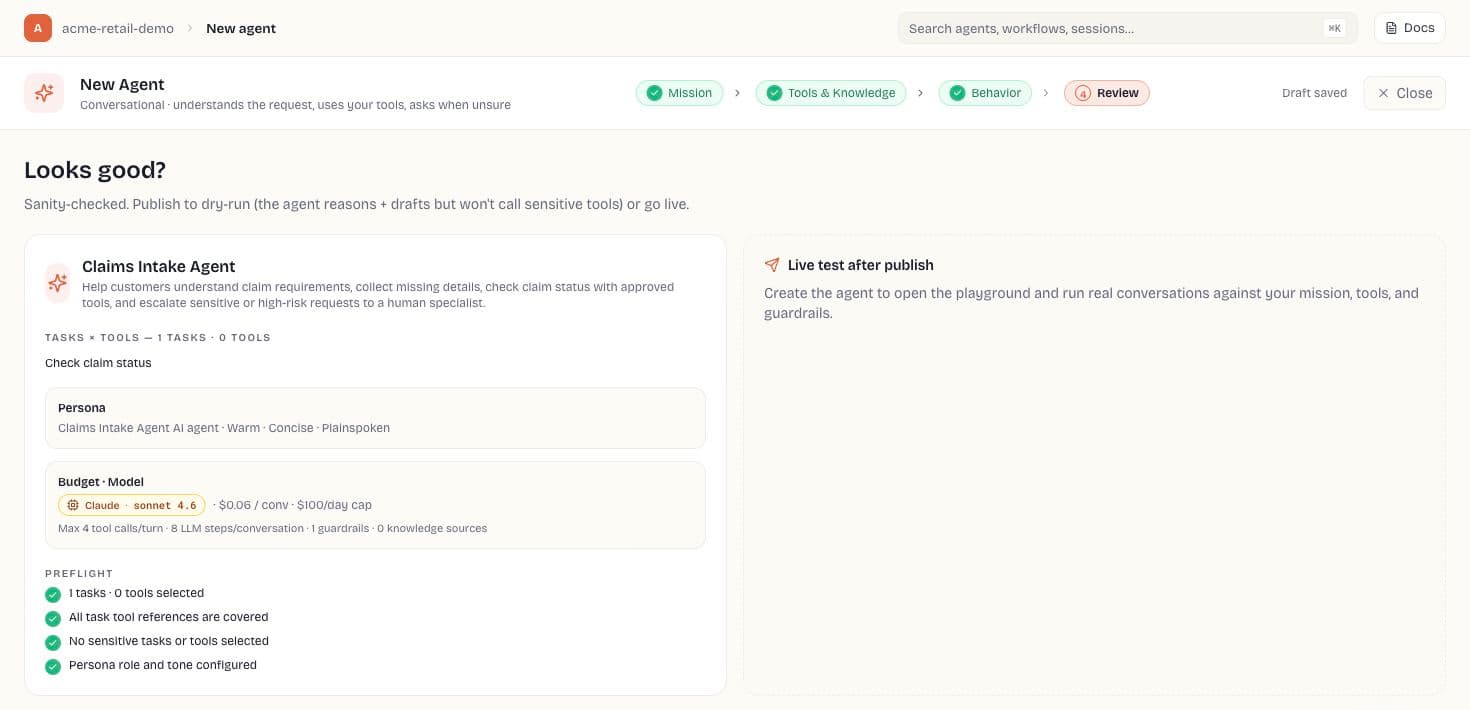 New Agent wizard Review step summarizing mission, tasks, budget, and preflight checks