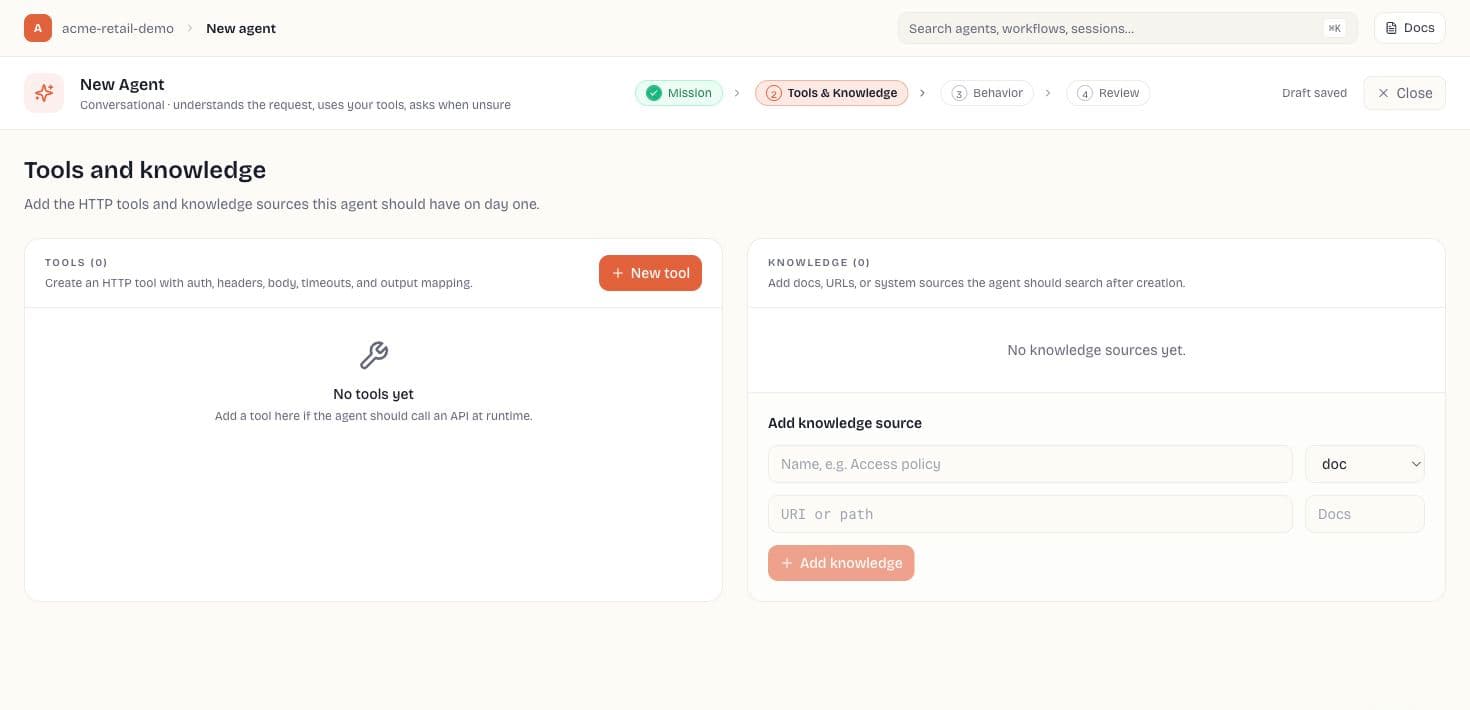 New Agent wizard Tools and Knowledge step with tool and knowledge source controls