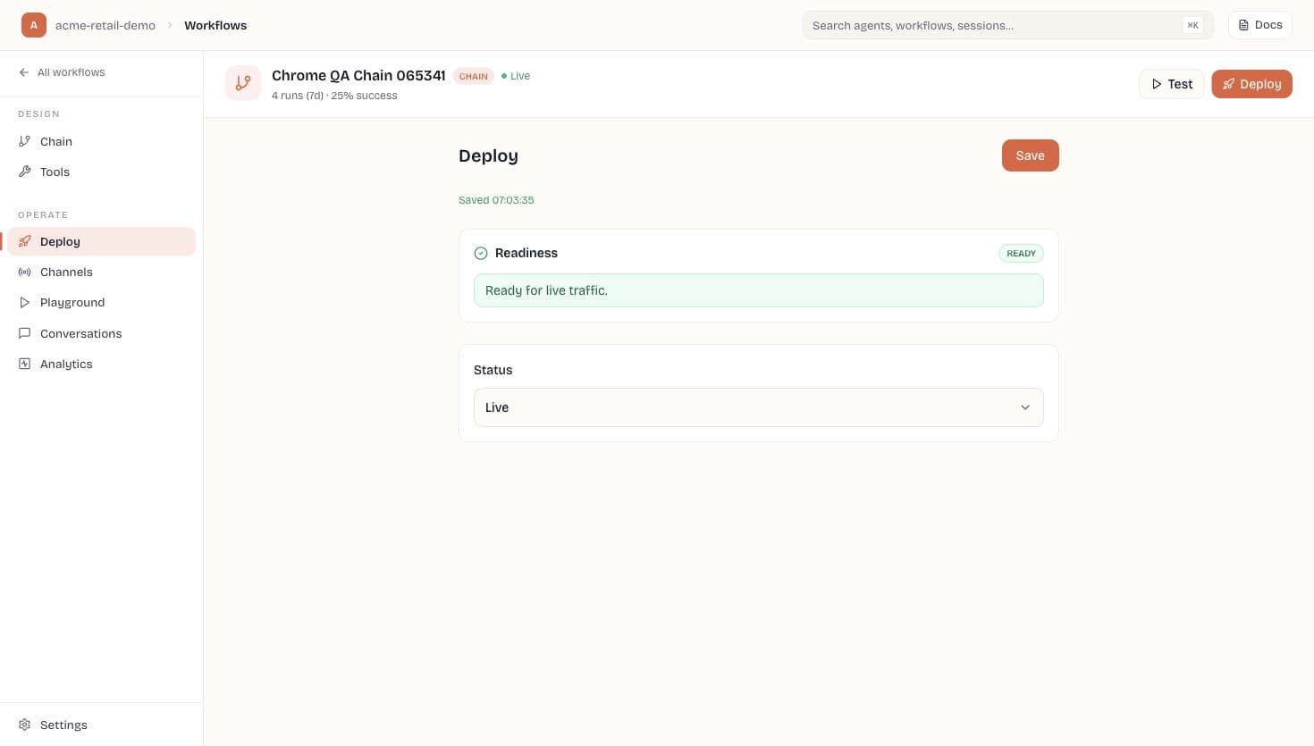Workflow chain deploy tab showing Ready for live traffic