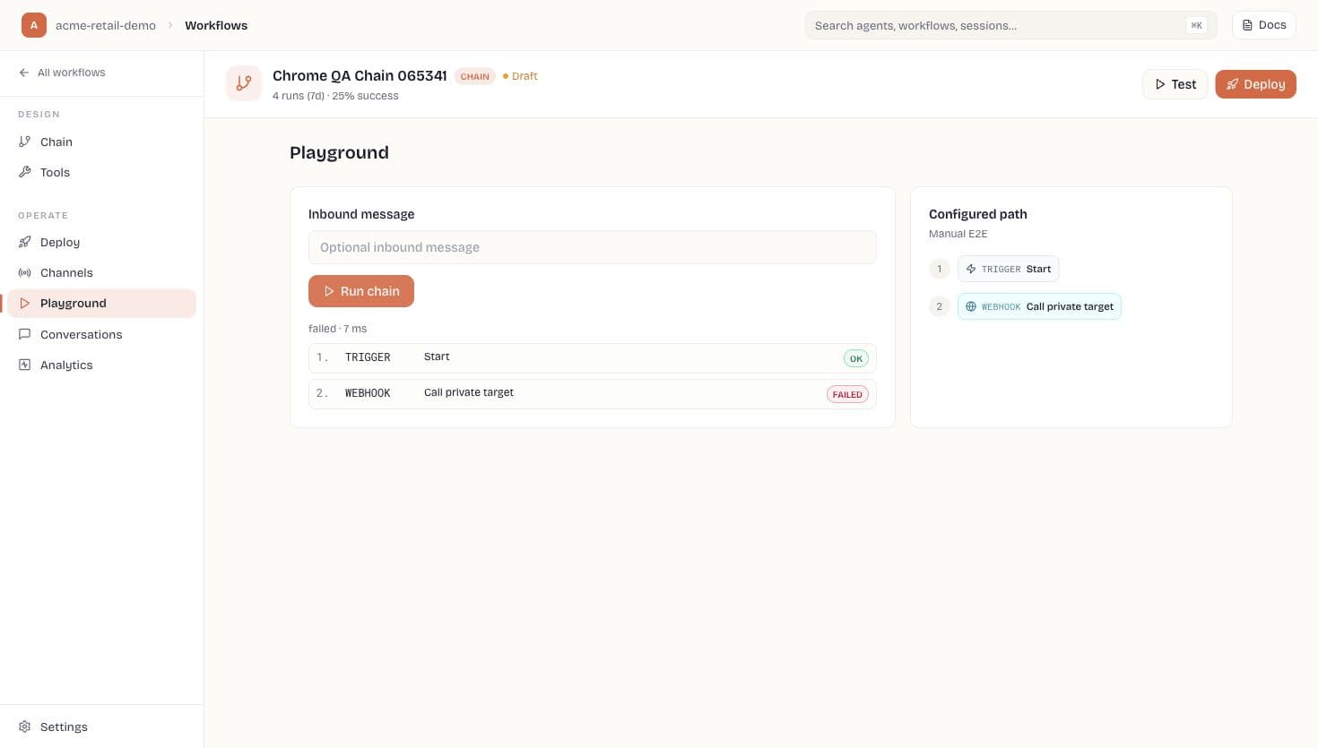 Workflow chain playground with inbound message runner and configured path preview